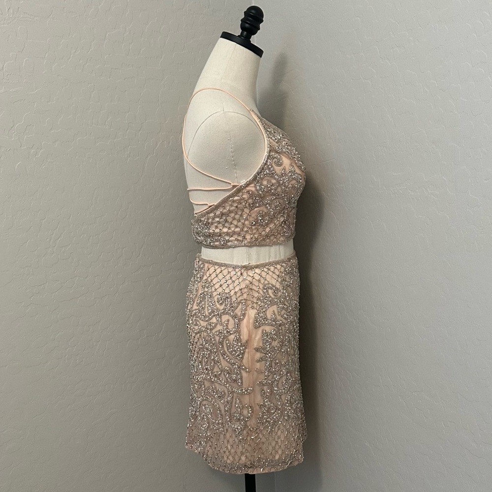 NEW PRIMAVERA BLUSH SZ 4 BEADED TWO PIECE TIE BACK FORMAL COCKTAIL DRESS - Picture 11 of 16